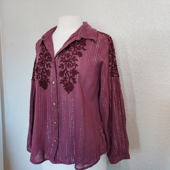 NEW Soft Surroundings Rasberry Red Striped Button Up Size M - Picture 8 of 15